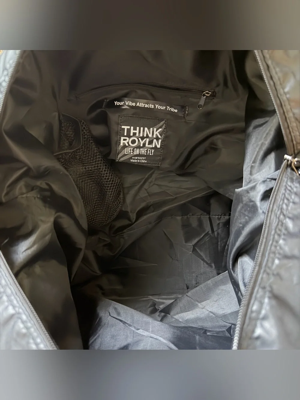 Think Royln Wingman Quilted Puffer Tote Black Red Silver Stripe